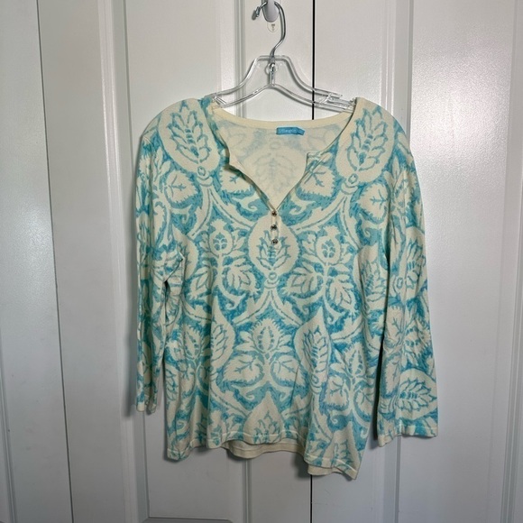 J. Mclaughlin cream and aqua blue patterned cotton blend button neck sweater, L - Picture 1 of 8